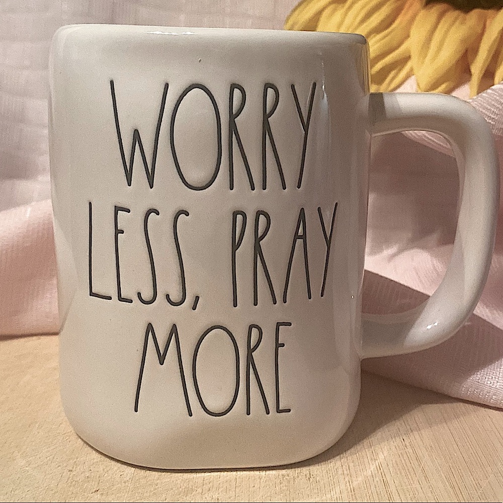 Rae Dunn White Black Worry Less Pray More Mug Magenta Collection NWT